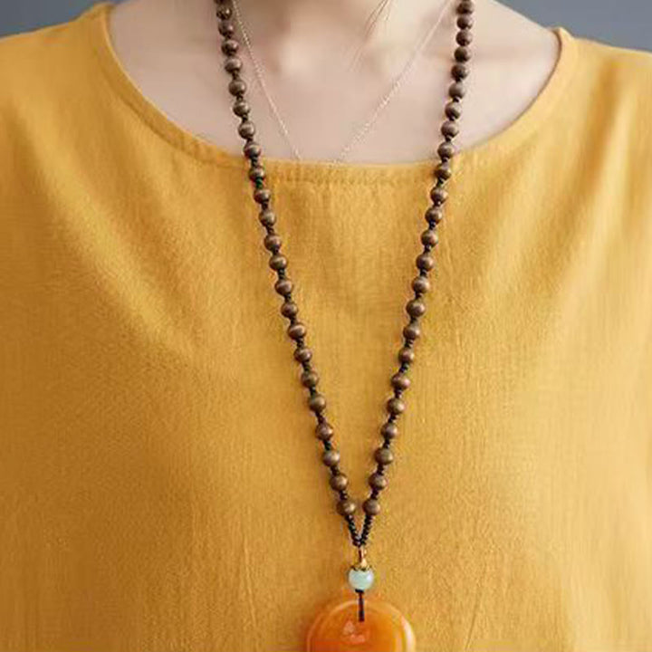 Robe mi-longue d'été en coton et lin à manches courtes avec imprimé Buddha Stones et motif phénix - image 11