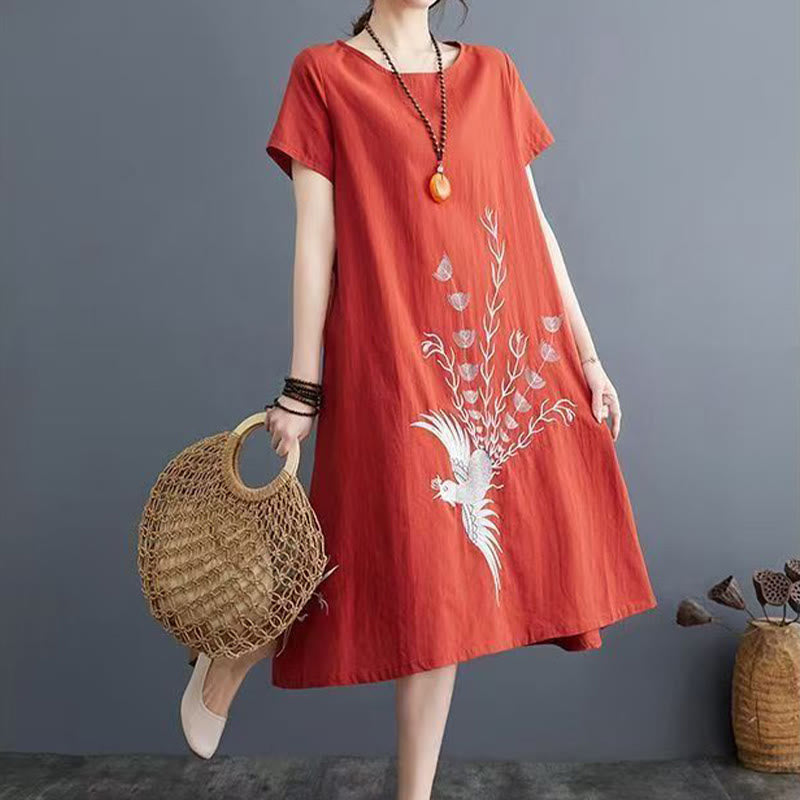 Robe mi-longue d'été en coton et lin à manches courtes avec imprimé Buddha Stones et motif phénix - image 3
