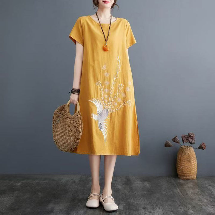 Robe midi à manches courtes imprimée de Buddha Stones et de phénix, style été - Or - US14，UK/AU18，EU46 (4XL) - image 8