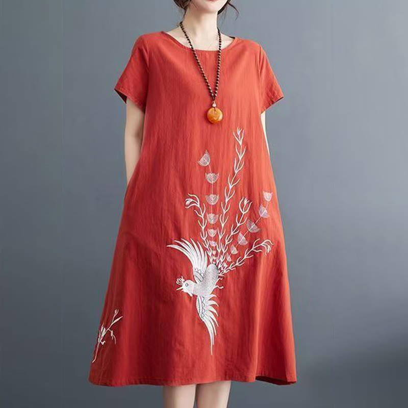 Robe mi-longue d'été en coton et lin à manches courtes avec imprimé Buddha Stones et motif phénix - image 1
