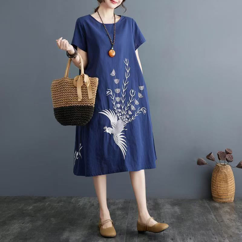 Robe midi à manches courtes imprimée de Buddha Stones et de phénix, style été - image 6