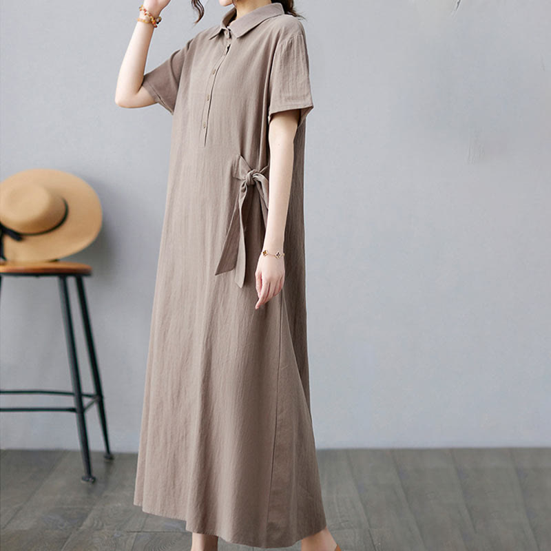 Robe midi décontractée en coton et lin avec lacets sur le côté et poches - image 3