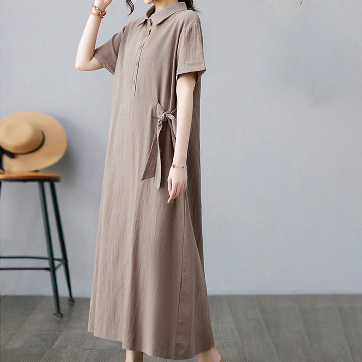 Robe midi décontractée en coton et lin avec lacets sur le côté et poches - image 3