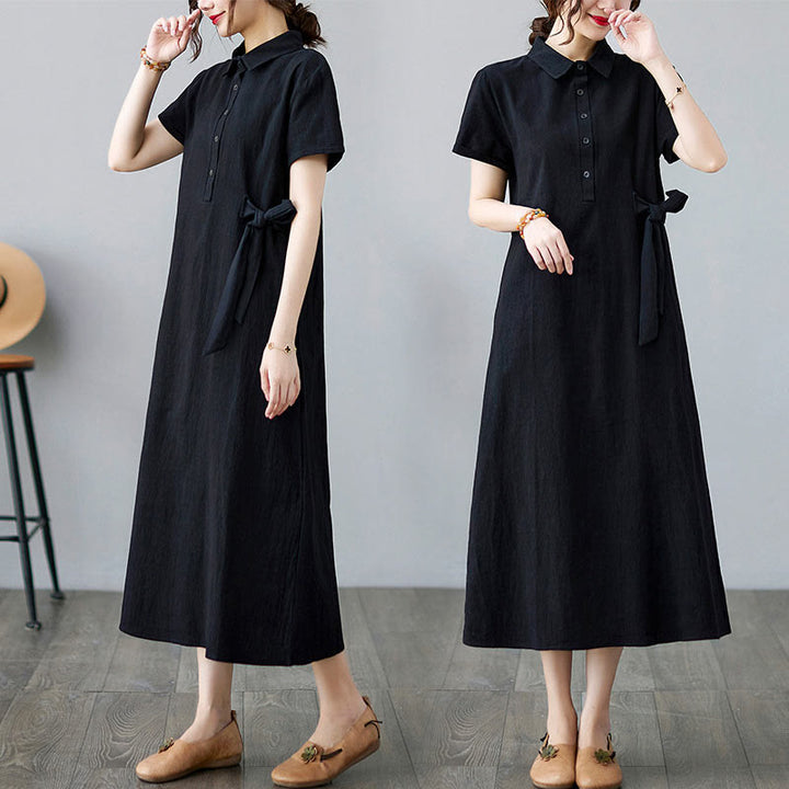 Robe midi décontractée en coton et lin avec lacets sur le côté et poches - Noir - US8-10，UK/AU12-14，EU40-42 (2XL) - image 13
