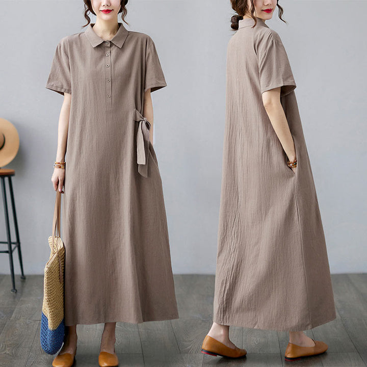 Robe midi décontractée en coton et lin avec lacets sur le côté et poches - image 6