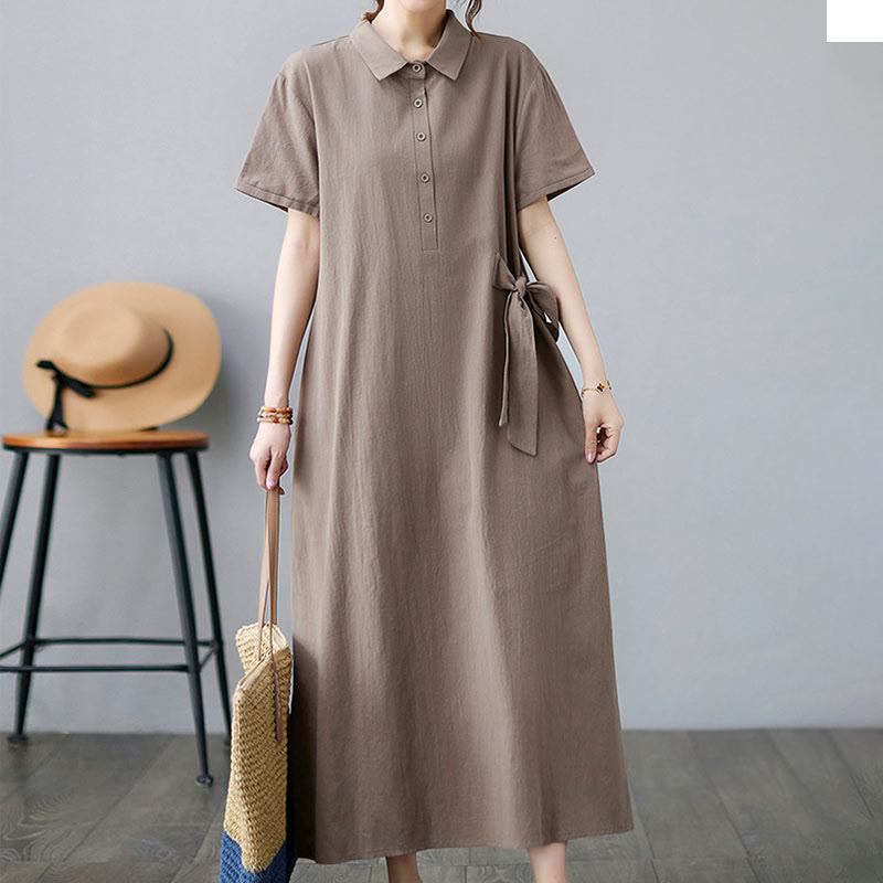 Robe midi décontractée en coton et lin avec lacets sur le côté et poches - image 4