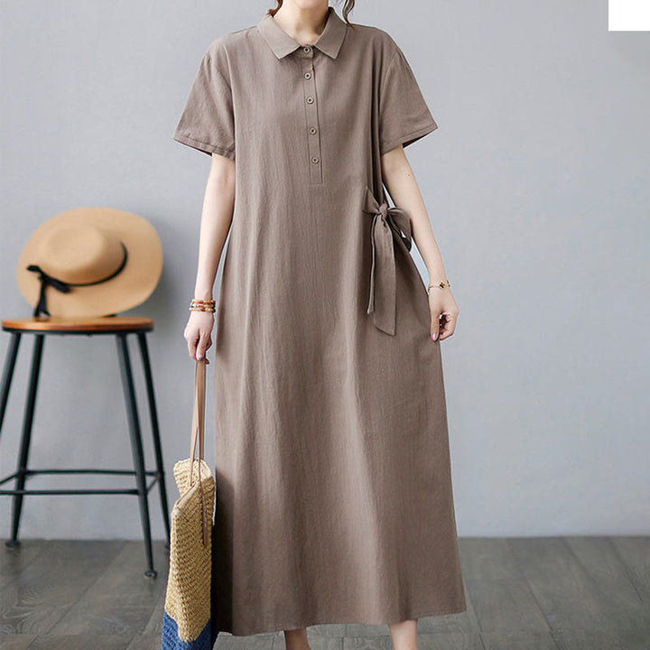 Robe midi décontractée en coton et lin avec lacets sur le côté et poches - image 4