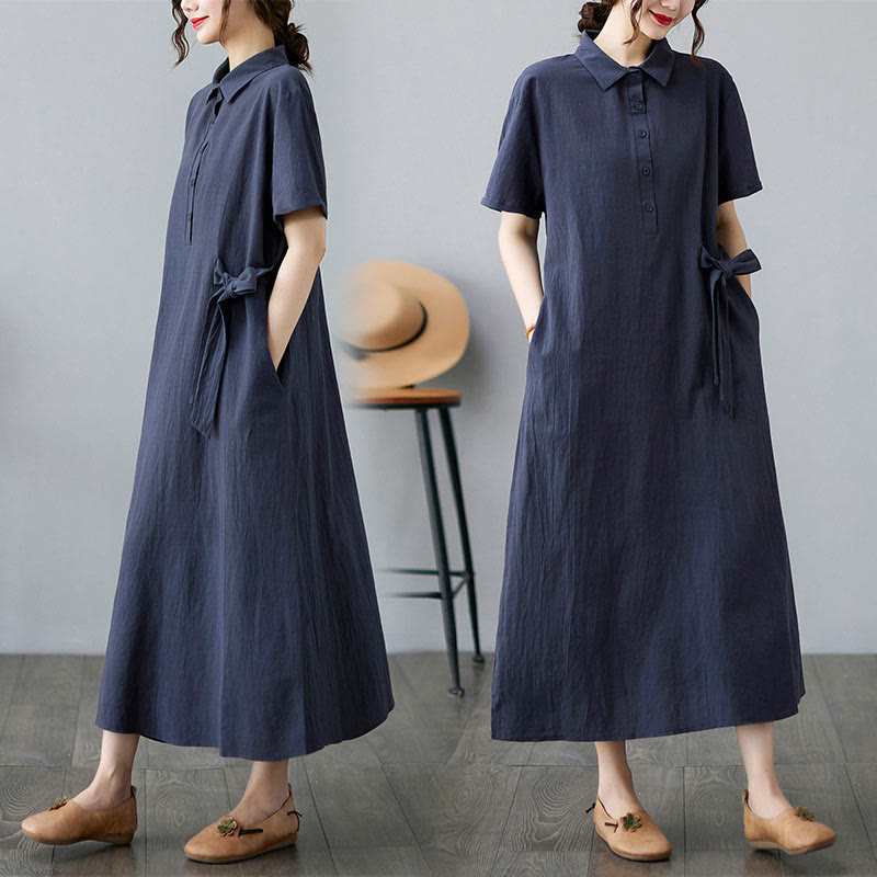Robe midi décontractée en coton et lin avec lacets sur le côté et poches - Bleu nuit - US8-10，UK/AU12-14，EU40-42 (2XL) - image 18