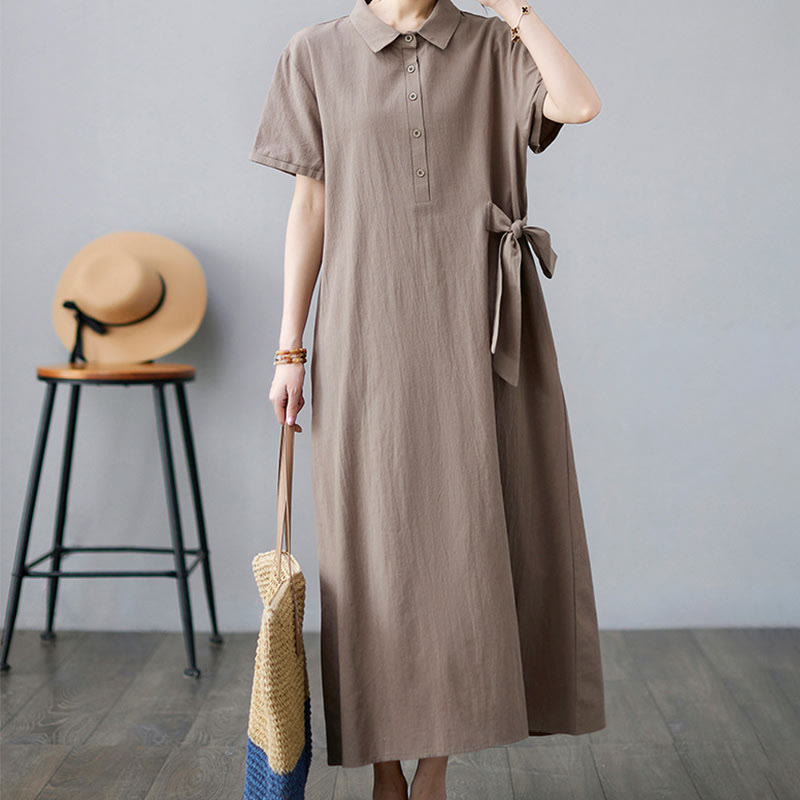 Robe midi décontractée en coton et lin avec lacets sur le côté et poches - Kaki foncé - US8-10，UK/AU12-14，EU40-42 (2XL) - image 1