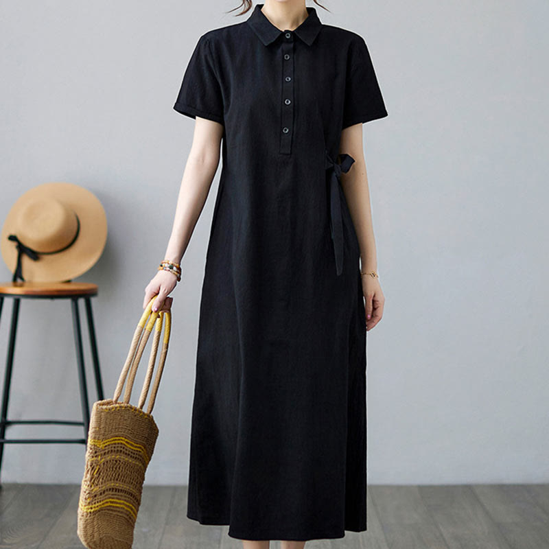 Robe midi décontractée en coton et lin avec lacets sur le côté et poches - image 15