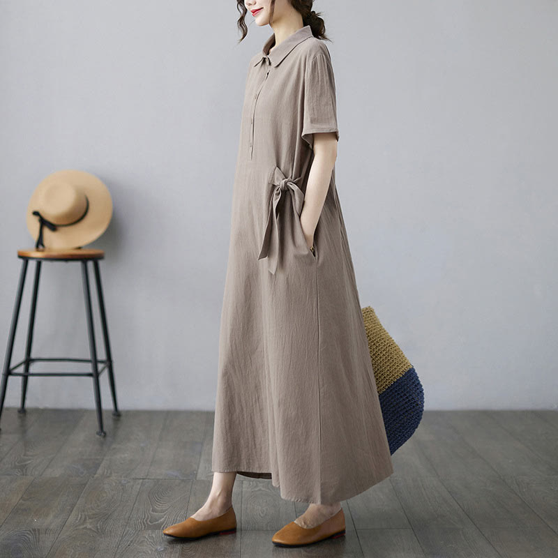 Robe midi décontractée en coton et lin avec lacets sur le côté et poches - image 2