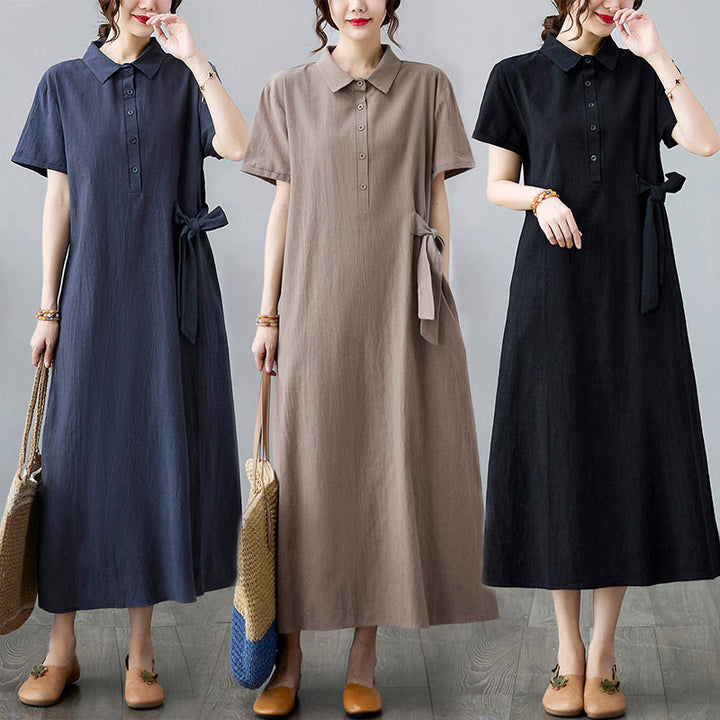 Robe midi décontractée en coton et lin avec lacets sur le côté et poches - image 25