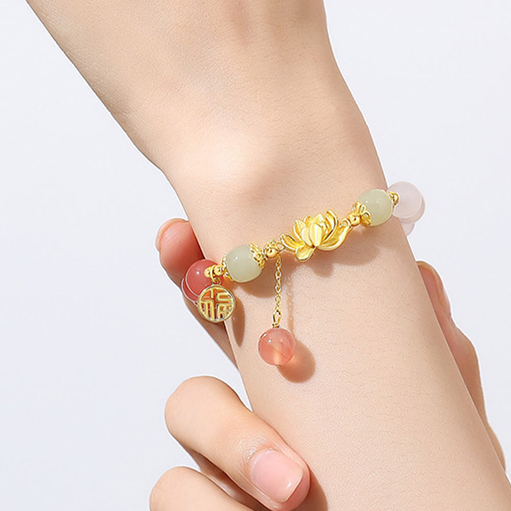 Bracelet Buddha Stones en argent sterling 925, agate naturelle dégradée, jade Hetian, lotus fu, symbole de l'illumination