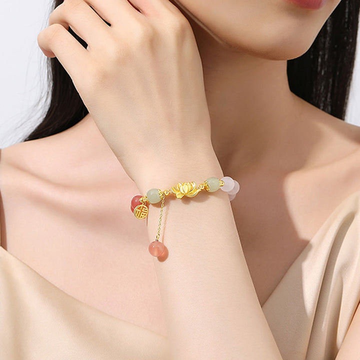 Bracelet Buddha Stones en argent sterling 925, agate naturelle dégradée, jade Hetian, lotus fu, symbole de l'illumination