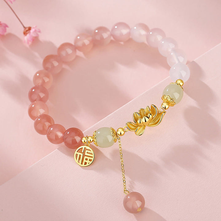 Bracelet Buddha Stones en argent sterling 925, agate naturelle dégradée, jade Hetian, lotus fu, symbole de l'illumination