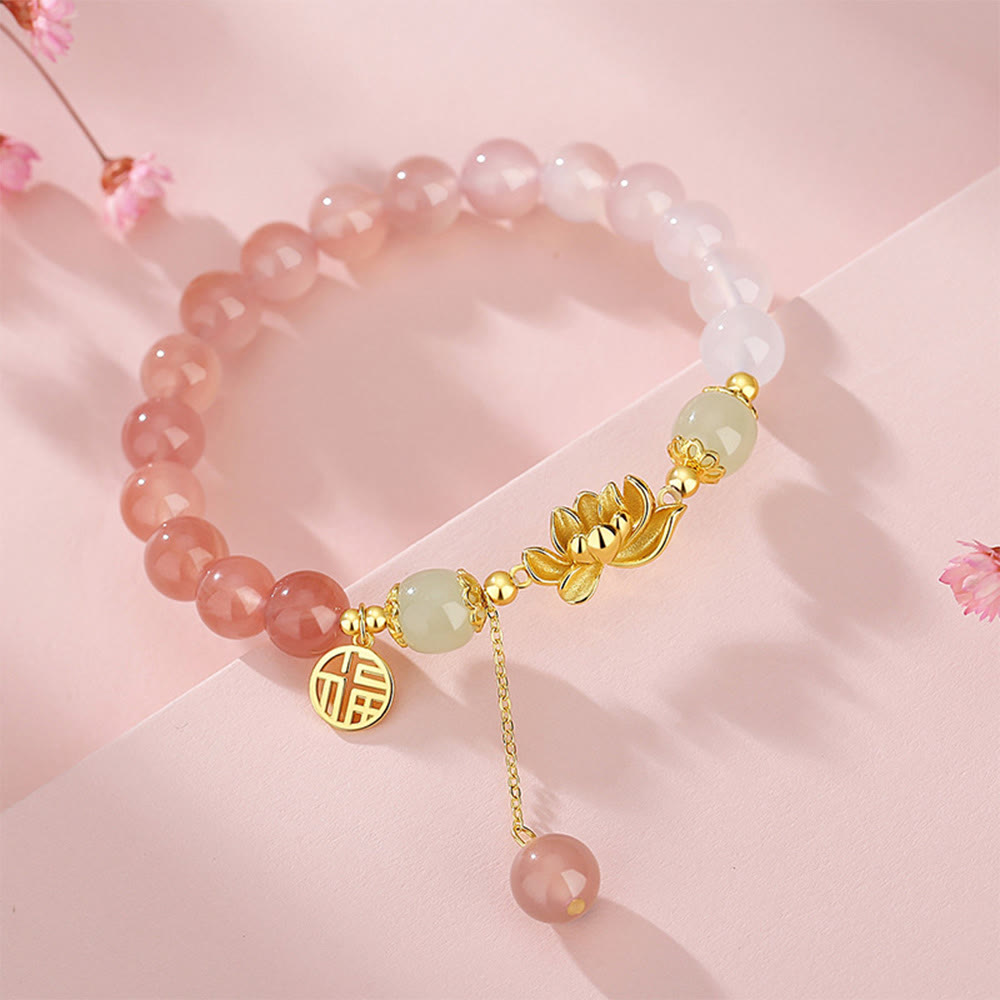 Bracelet Buddha Stones en argent sterling 925, agate naturelle dégradée, jade Hetian, lotus fu, symbole de l'illumination