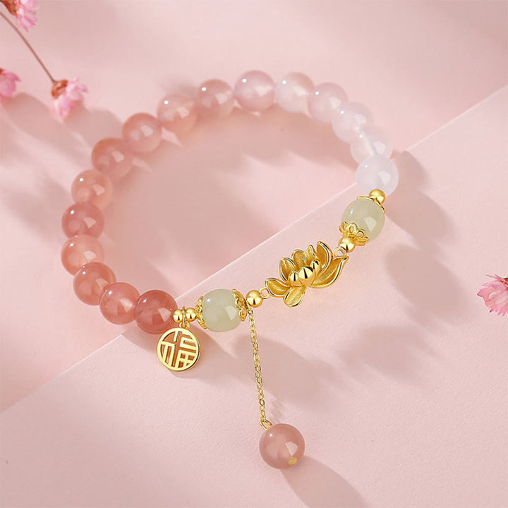 Bracelet Buddha Stones en argent sterling 925, agate naturelle dégradée, jade Hetian, lotus fu, symbole de l'illumination