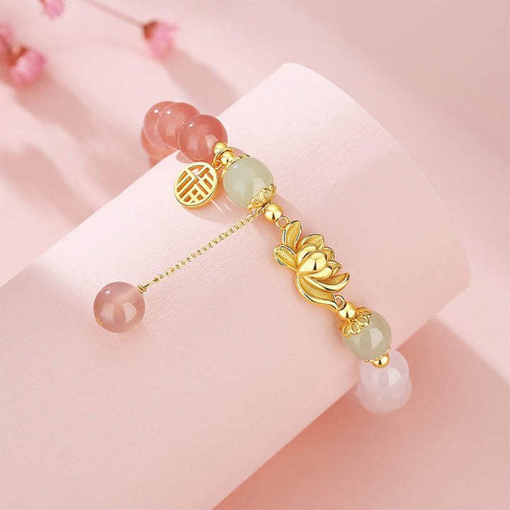 Bracelet Buddha Stones en argent sterling 925, agate naturelle dégradée, jade Hetian, lotus fu, symbole de l'illumination