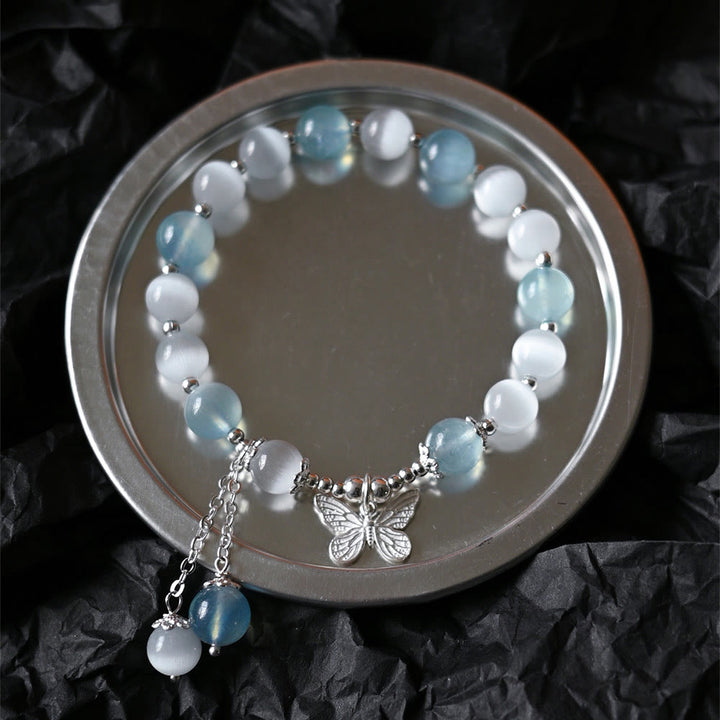 Bracelet de soutien à breloques papillon en aigue-marine œil de chat et Buddha Stones