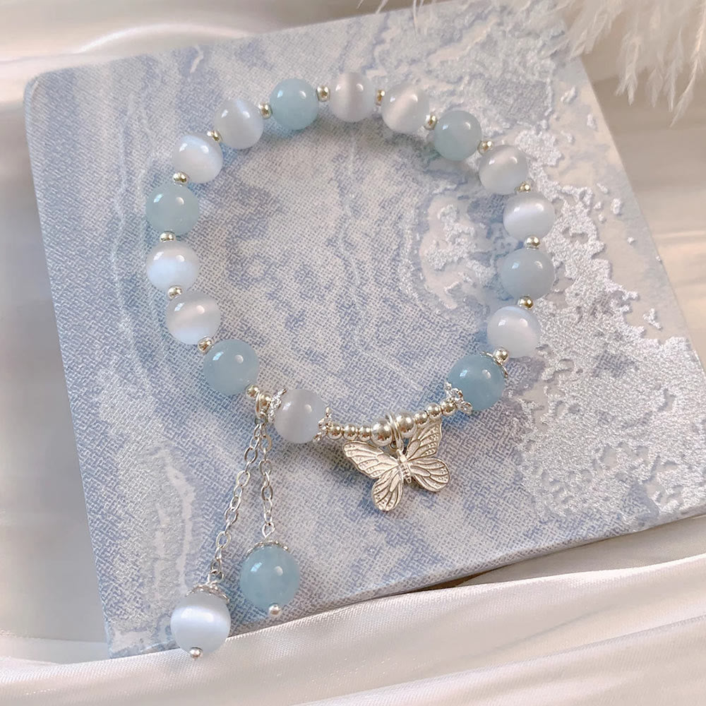 Bracelet de soutien à breloques papillon en aigue-marine œil de chat et Buddha Stones