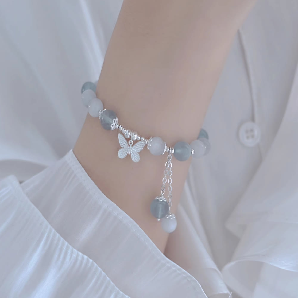 Bracelet de soutien à breloques papillon en aigue-marine œil de chat et Buddha Stones