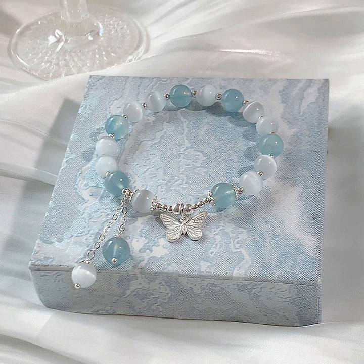 Bracelet de soutien à breloques papillon en aigue-marine œil de chat et Buddha Stones