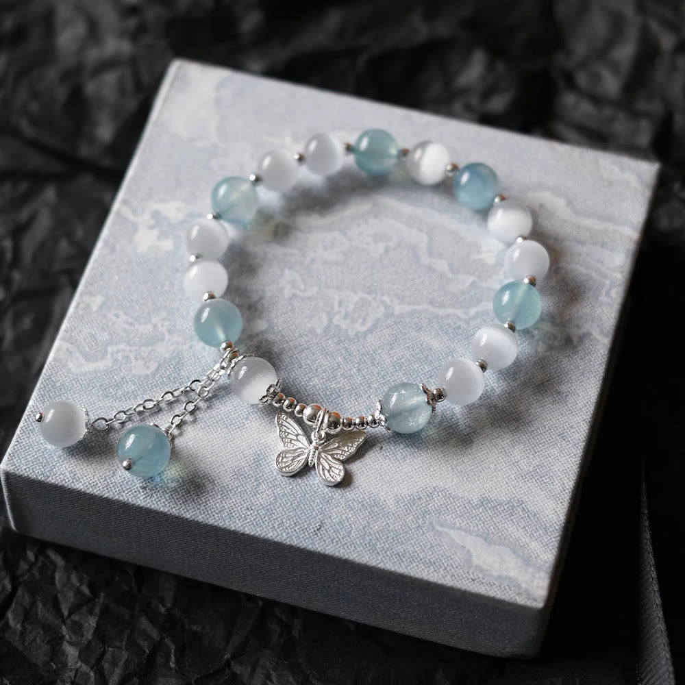 Bracelet de soutien à breloques papillon en aigue-marine œil de chat et Buddha Stones