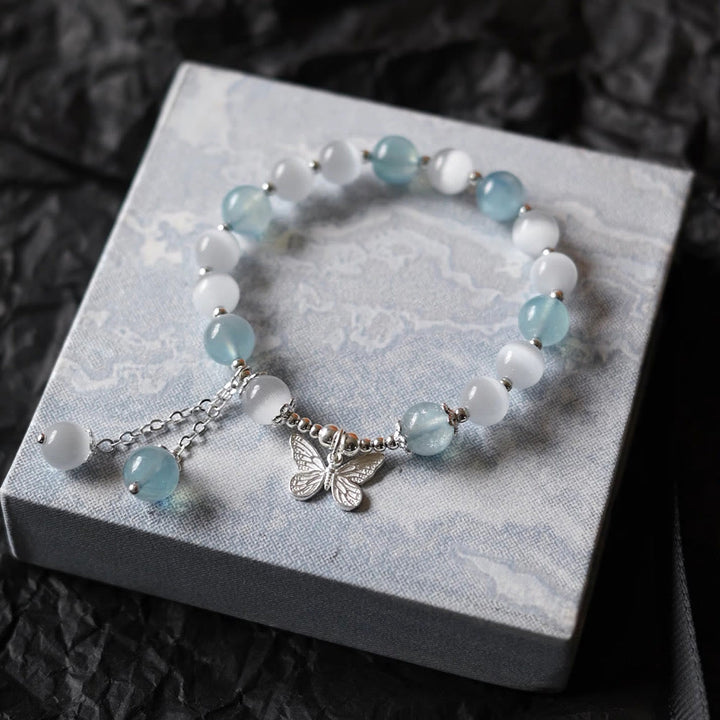 Bracelet de soutien à breloques papillon en aigue-marine œil de chat et Buddha Stones