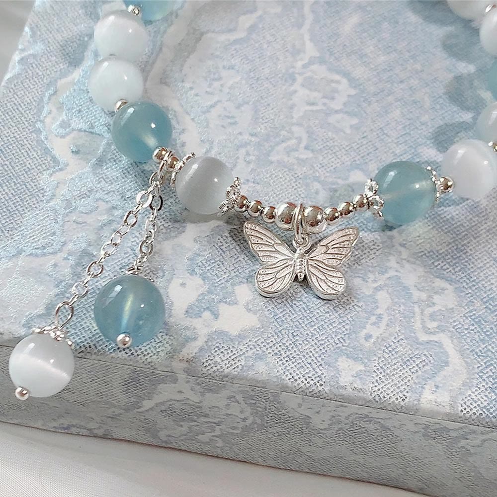 Bracelet de soutien à breloques papillon en aigue-marine œil de chat et Buddha Stones