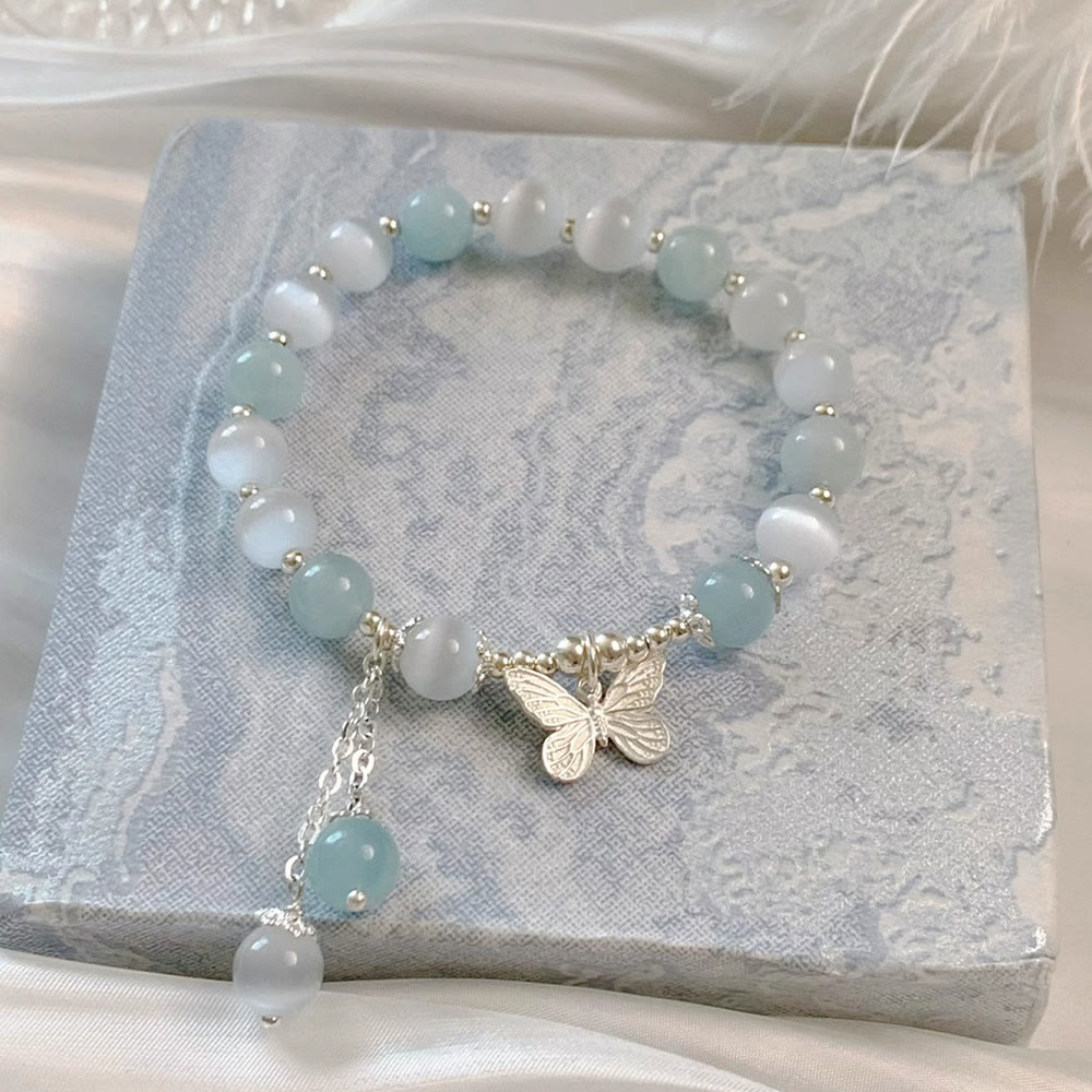 Bracelet de soutien à breloques papillon en aigue-marine œil de chat et Buddha Stones