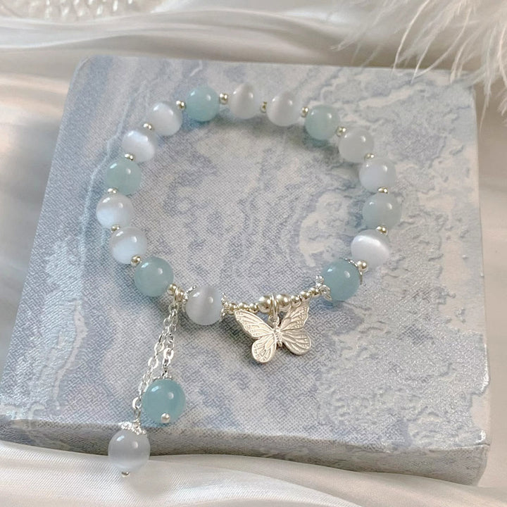Bracelet de soutien à breloques papillon en aigue-marine œil de chat et Buddha Stones