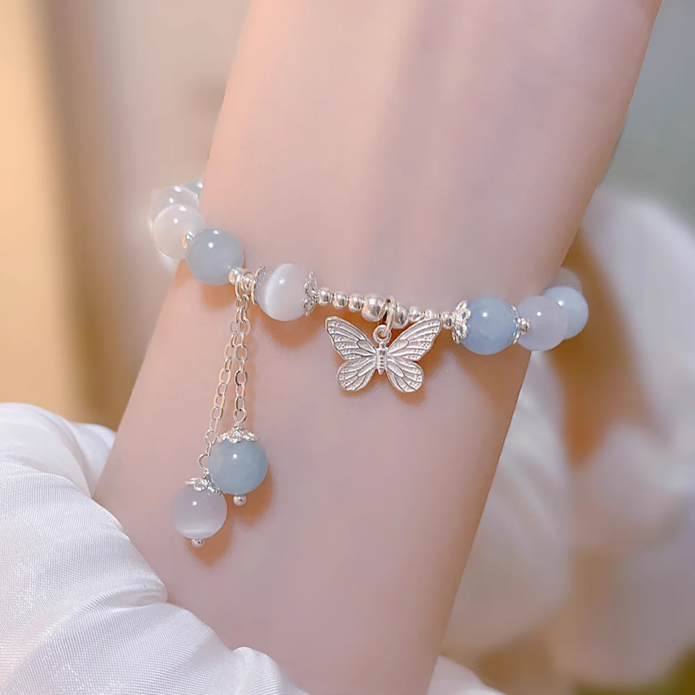 Bracelet de soutien à breloques papillon en aigue-marine œil de chat et Buddha Stones