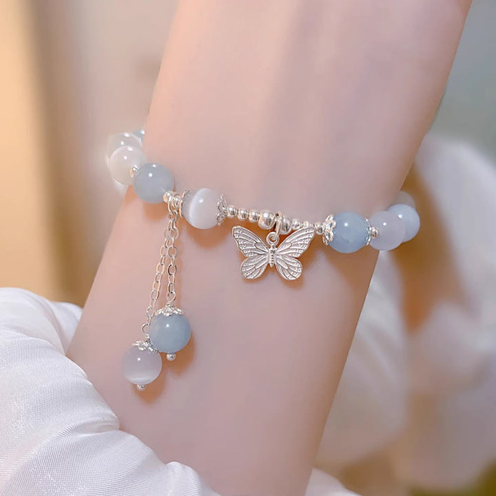 Bracelet de soutien à breloques papillon en aigue-marine œil de chat et Buddha Stones