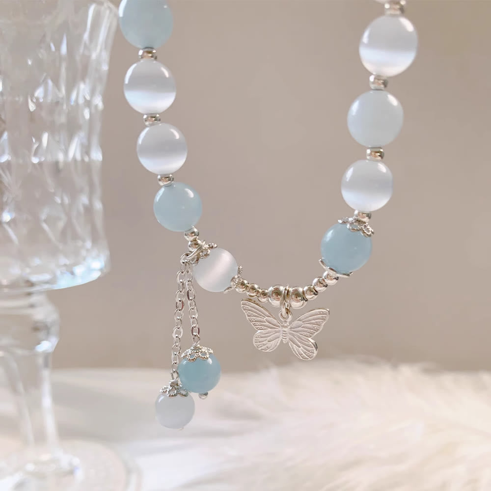 Bracelet de soutien à breloques papillon en aigue-marine œil de chat et Buddha Stones