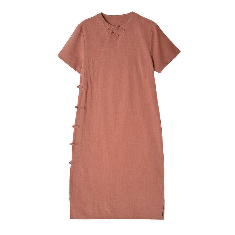 Robe mi-longue qipao chinoise à boutons de grenouille, style vintage d'été, motif Buddha Stones