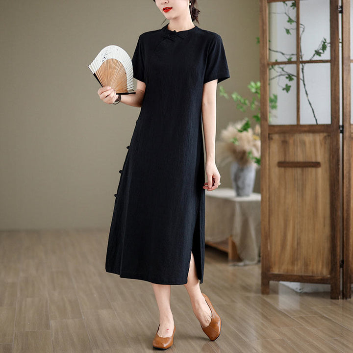 Robe mi-longue qipao chinoise à boutons de grenouille, style vintage d'été, motif Buddha Stones - Noir - US8-10，UK/AU12-14，EU40-42 (2XL) - image 12