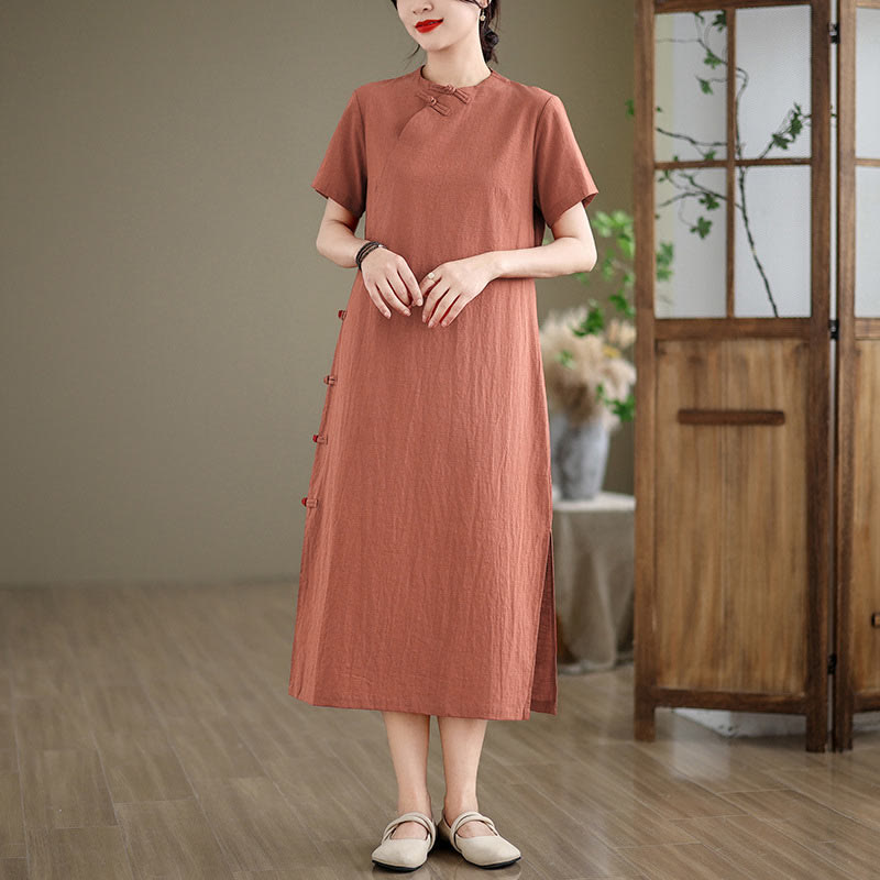 Robe mi-longue qipao chinoise à boutons de grenouille, style vintage d'été, motif Buddha Stones