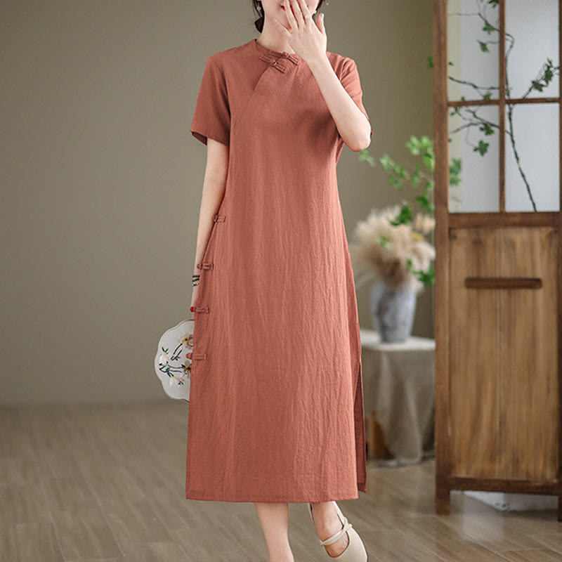 Robe mi-longue qipao chinoise à boutons de grenouille, style vintage d'été, motif Buddha Stones
