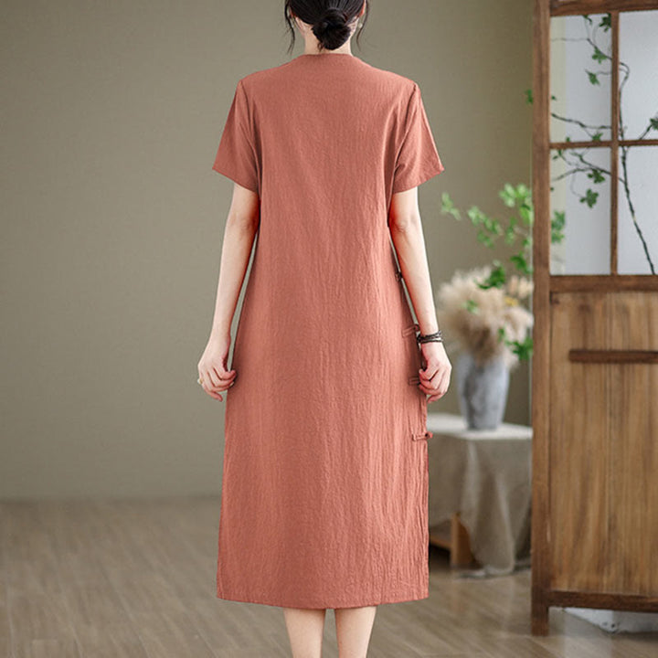 Robe mi-longue qipao chinoise à boutons de grenouille, style vintage d'été, motif Buddha Stones - image 3