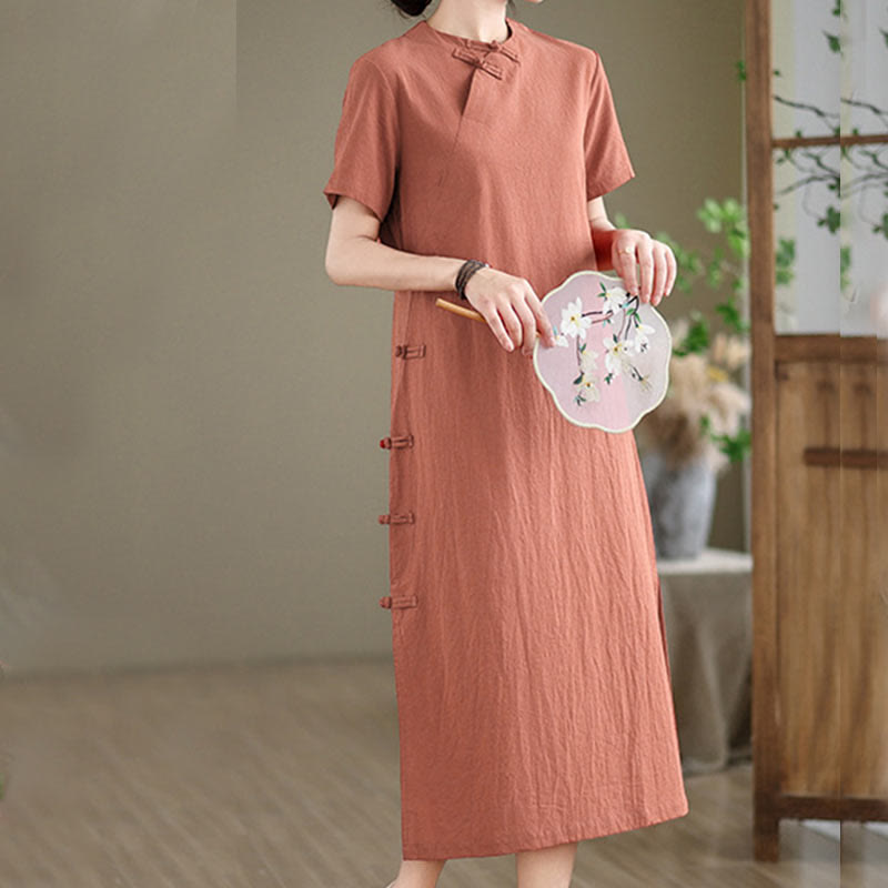 Robe mi-longue qipao chinoise à boutons de grenouille, style vintage d'été, motif Buddha Stones