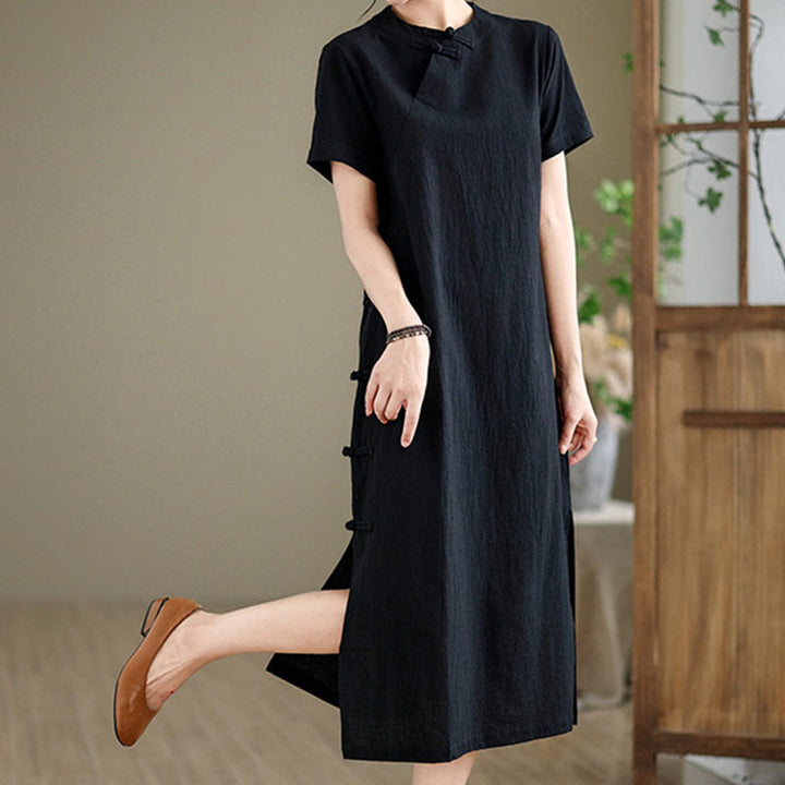 Robe mi-longue qipao chinoise à boutons de grenouille, style vintage d'été, motif Buddha Stones