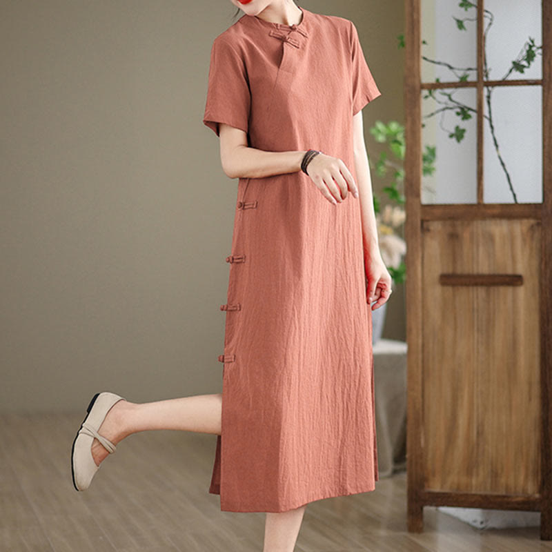 Robe mi-longue qipao chinoise à boutons de grenouille, style vintage d'été, motif Buddha Stones