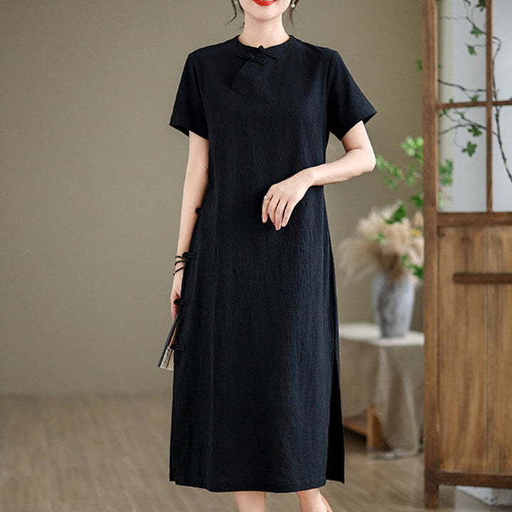 Robe mi-longue qipao chinoise à boutons de grenouille, style vintage d'été, motif Buddha Stones