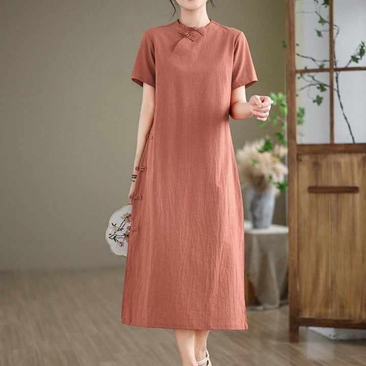 Robe mi-longue qipao chinoise à boutons de grenouille, style vintage d'été, motif Buddha Stones - Saumon foncé - US8-10，UK/AU12-14，EU40-42 (2XL) - image 0