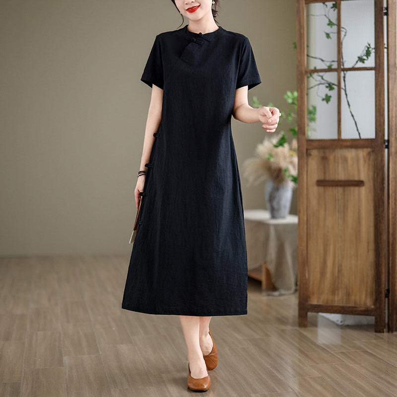 Robe mi-longue qipao chinoise à boutons de grenouille, style vintage d'été, motif Buddha Stones