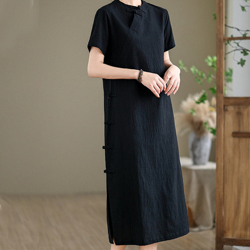 Robe mi-longue qipao chinoise à boutons de grenouille, style vintage d'été, motif Buddha Stones