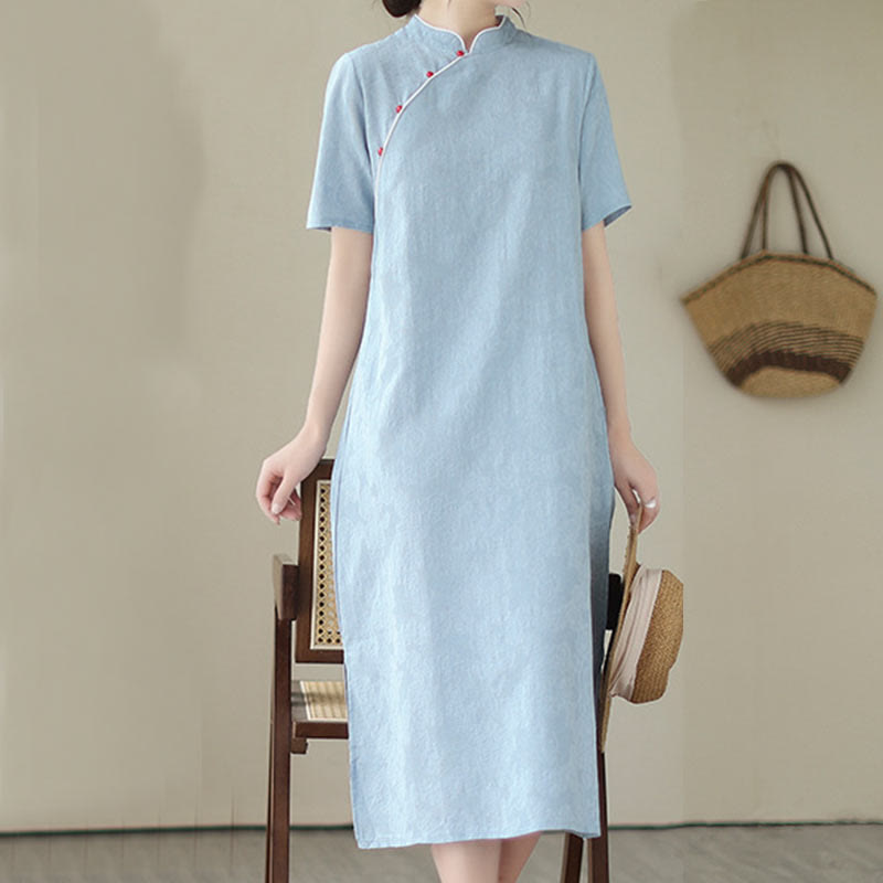 Robe mi-longue qipao cheongsam à manches courtes et poches, en coton et lin, couleur unie, motif Buddha Stones, jacquard - image 4