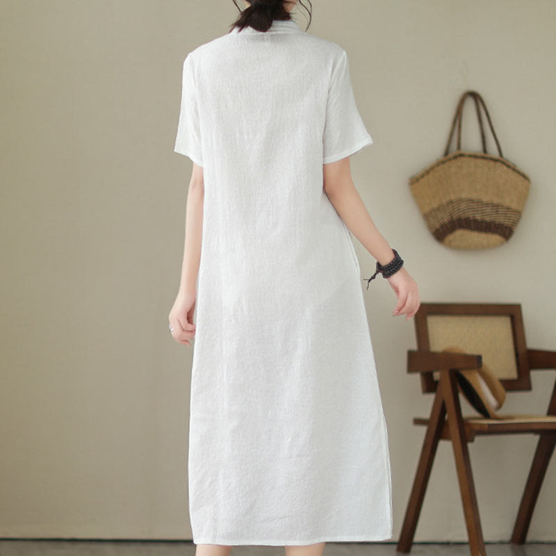 Robe mi-longue qipao cheongsam à manches courtes et poches, en coton et lin, couleur unie, motif Buddha Stones, jacquard - image 15