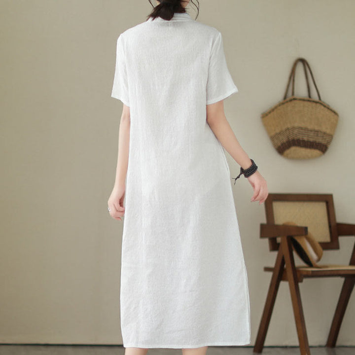 Robe mi-longue qipao cheongsam à manches courtes et poches, en coton et lin, couleur unie, motif Buddha Stones, jacquard - image 15