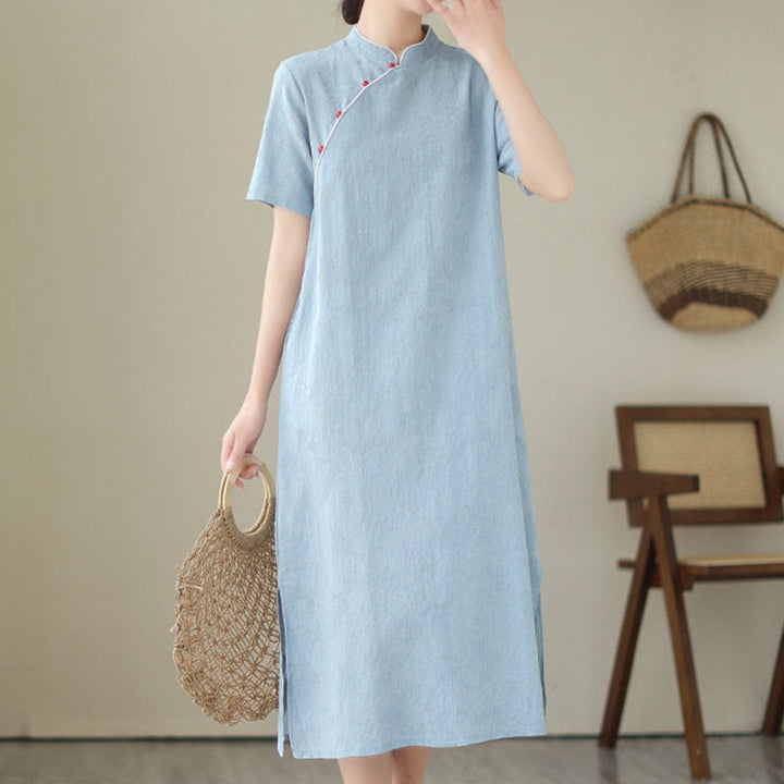 Robe mi-longue qipao cheongsam à manches courtes et poches, en coton et lin, couleur unie, motif Buddha Stones, jacquard - Bleu ciel clair - US8-10，UK/AU12-14，EU40-42 (2XL) - image 0